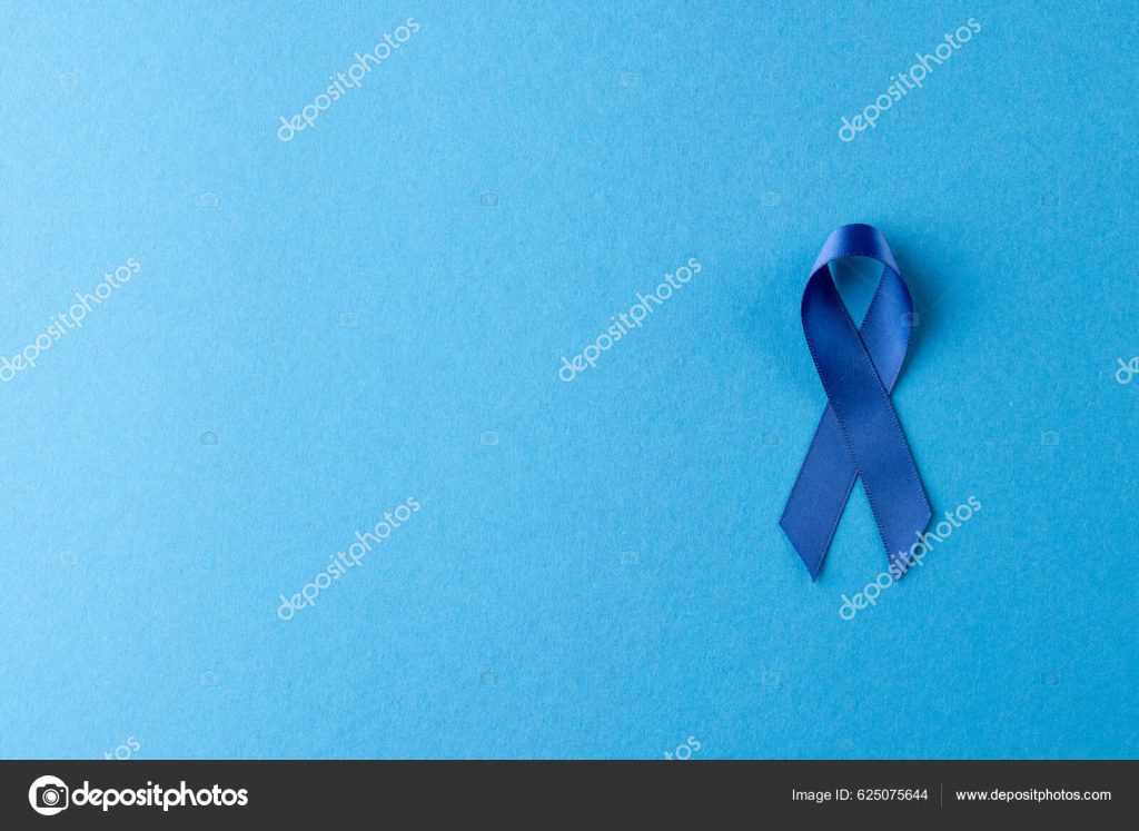 Composition of blue ribbon for prostate cancer awareness, on blue background with copy space. Medicine, healthcare and health awareness concept.